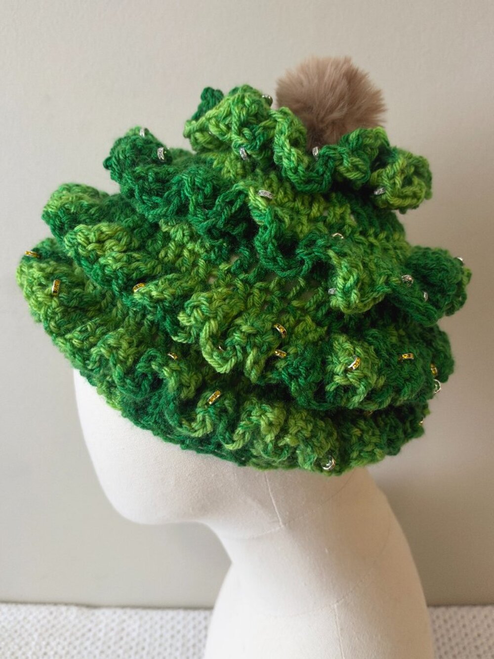 Handmade Crochet Festive Christmas Tree Embellished Bright Green Pompom Beanie